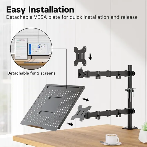 Miniatura 6 de Redbat Soporte de montaje para monitor y portátil, brazo de monitor totalmente ajustable con bandeja ventilada para pantallas LCD de 13" a 32