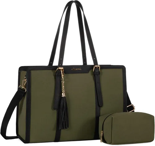 Miniatura 21 de LOVEVOOK Bolsa para laptop para mujer, bolsa de lona ligera de 15.6 pulgadas, bolsa grande para computadora, con bolso de mano, para negocios, Beige