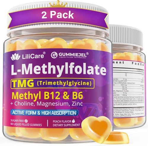 Miniatura 10 de Gomitas L-metilfolato de 15 mg 7.5 mg y B12 1000 mcg, complejo B metilado + TMG, magnesio, colina - activo 5-MTHF (B9) + metil B12, B6