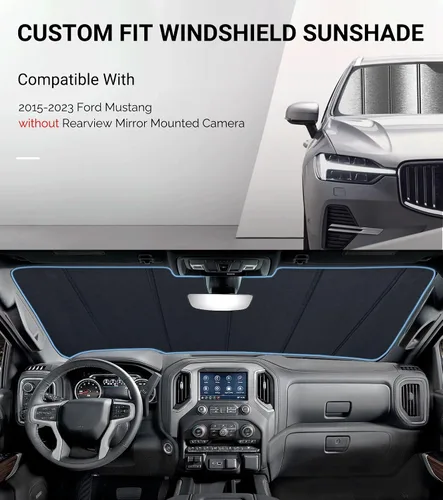 Miniatura 2 de Protección solar para parabrisas Pigenius para Ford Mustang 2015-2023 sin cámara montada en el espejo retrovisor - Metálico Plateado metálica