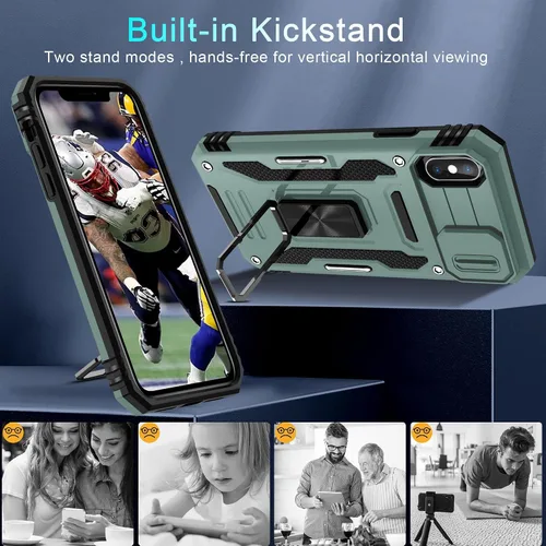 Miniatura 4 de DEERLAMN Funda para iPhone Xs Max con funda deslizante para cámara + protector de pantalla, soporte giratorio de anillo de grado militar a prueba