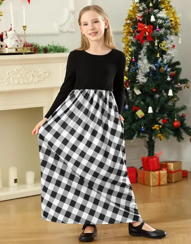 Miniatura 4 de KYMIDY - Vestido largo para niña, casual, a cuadros estilo Buffalo, de manga larga, con bolsillos (para niñas de 6 a 14 años)