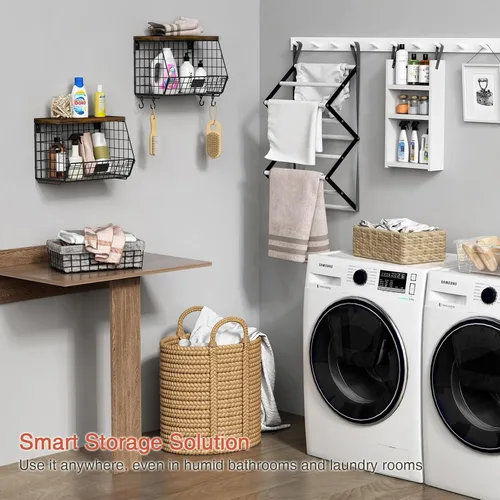 Miniatura 5 de Goozii - 2 paquetes de cestas de frutas colgantes de pared para encimera de cocina, cestas de alambre apilables para organizar con tapa de madera