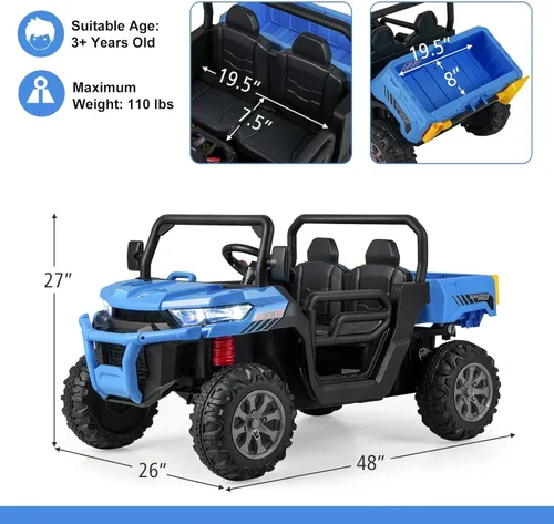 Miniatura 7 de OLAKIDS Coche Montable de 2 Asientos, Vehículo Eléctrico UTV Todoterreno de 12V con Control Remoto, Cama Basculante, Pala Extra, Música, USB, AUX