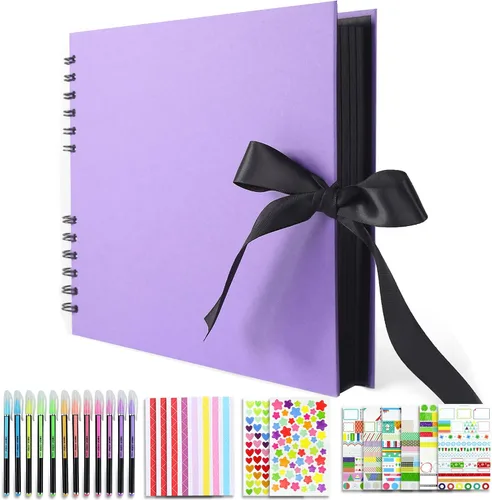 Miniatura 10 de Vienrose Álbum de recortes de 80 páginas, álbum de fotos DIY con accesorios, libro de recuerdos de papel kraft azul marino para bodas, cumpleaños