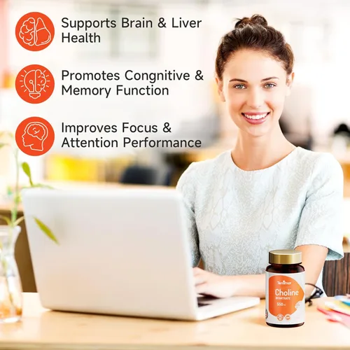 Miniatura 3 de Bitartrato de colina de 550 mg, apoya la salud del hígado y el cerebro, suplementos de colina de alta absorción, sin OMG, sin gluten, fabricado