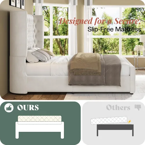 Miniatura 6 de Jocisland Base de cama tapizada tamaño Queen con cabecera curvada de 6.3 pulgadas, estribo copetudo, listones de madera, no necesita somier