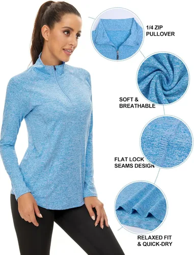 Miniatura 5 de LURANEE Sudadera de manga larga con cremallera de 14 para mujer, UPF 50+, para senderismo, correr, entrenamiento