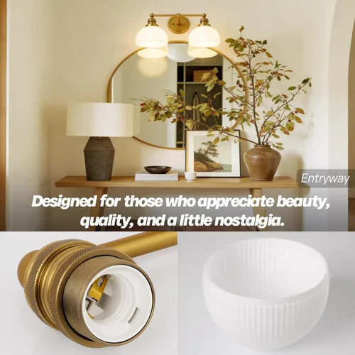 Miniatura 6 de Apliques de Pared Dorados de 2 Luces, Aplique de Pared Vintage para Baño con Vidrio Esmerilado de Doble Brazo de Latón, Luz de Tocador para Baño