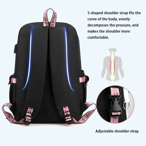 Miniatura 5 de Mochila de Moda con Tendencia Anime Cosplay Mochila para Laptop con USB y Lindo Patrón de Dibujos Animados (rosa 1) (rosa 1)