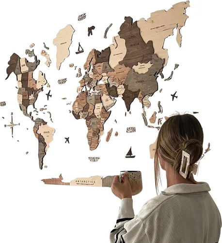 Enjoy The Wood Mapa del Mundo de Madera 3D Arte de Pared Decoración de Pared Grande - Mapa de Viajes del Mundo - Idea de Regalo para Cualquier
