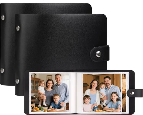 Paquete de 2 álbumes de fotos pequeños de 4 x 4 con tapa de cuero para 64 fotos, libro de álbum de 4 x 4, página interior negra, obras de arte de