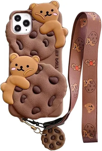 Yatchen Funda de oso para iPhone 7 Plus/8 Plus, lindo diseño de oso de galletas Kawaii, funda de dibujos animados 3D con correa para llavero y