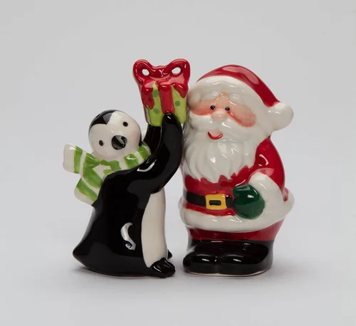 Juego de salero y pimentero de Papá Noel de cerámica fina con pingüino, 3-1/2 pulgadas de alto