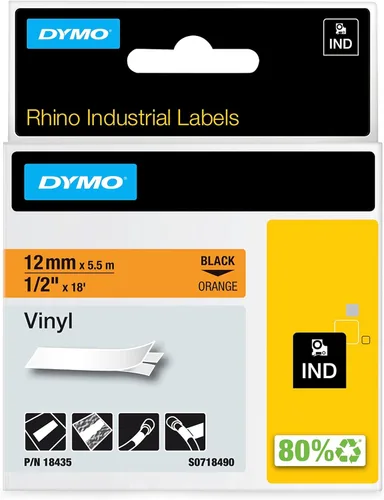DYMO Rhino - Etiquetas de vinilo industriales de 12 mm x 5,5 m, impresión negra sobre naranja, autoadhesivas para etiquetadoras Rhino y LabelManager