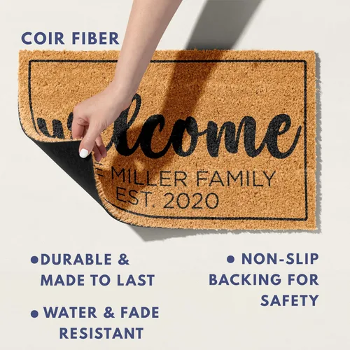 Miniatura 2 de Felpudo personalizado con apellido y 6 diseños, 18 x 30 pulgadas, fibra de coco duradera con respaldo antideslizante, uso en exteriores e interiores