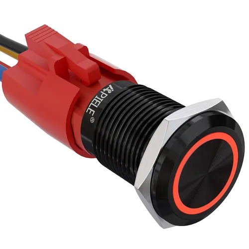 Miniatura 9 de APIELE - Interruptor de botón de cierre de 16mm, 12V, ojo de ángel LED, impermeable, redondo, autobloqueante, 1NO (aluminio negro, azul)