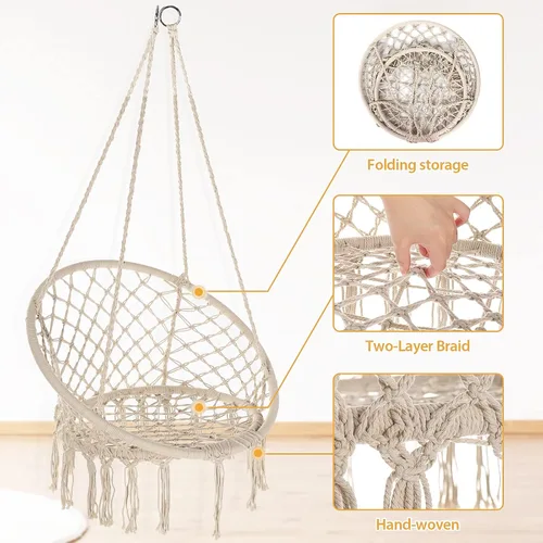Miniatura 4 de Garpans Juego de 2 sillas tipo hamaca de macramé estilo bohemio con borlas, columpio colgante hecho a mano, cuerda de algodón tejida a mano