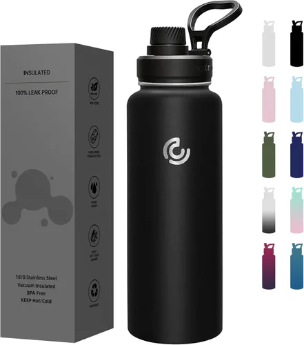 Botella de agua deportiva de 40 onzas, botella de agua aislada con asa, acero inoxidable, simple y moderna, adecuada para viajes, escuela, niño,