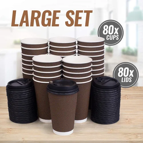 Miniatura 3 de Promora Tazas de café desechables marrones con tapas de 16 onzas, tazas de papel onduladas de papel aislado premium para café caliente