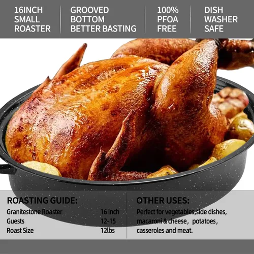 Miniatura 5 de Sartén para asar de granito, mediana de 16" con tapa abovedada esmaltada. Olla para asar pavo ovalada, sartén para horno ideal para pavo pequeño