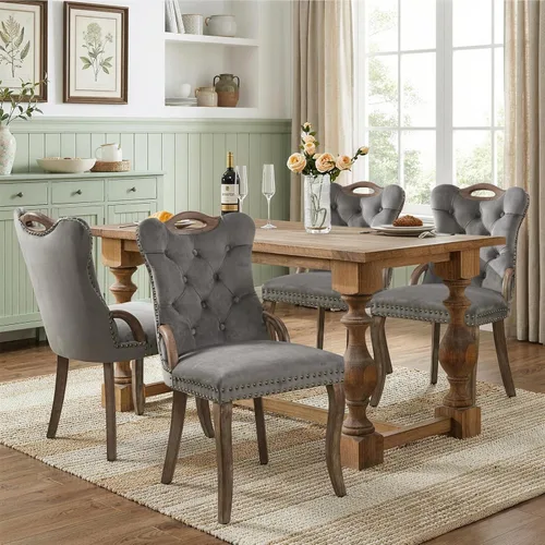 Miniatura 101 de SoarFlash Juego de 2 sillas de comedor de tela de lino, sillas de comedor tapizadas con ribete de cabeza de clavo y patas de madera de color claro