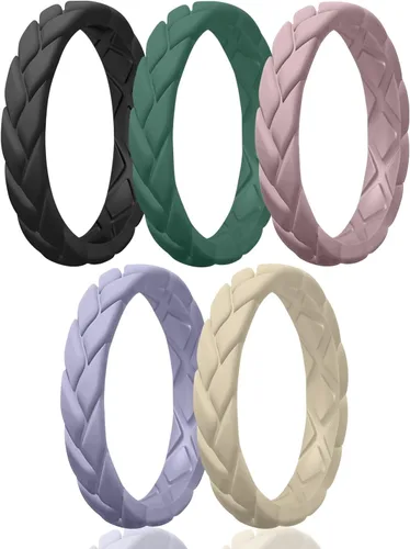 Miniatura 126 de Egnaro Anillos de boda de silicona para ella, conjuntos de novia de goma para mujer, bandas finas, diseño trenzado de hojas apilables con ranuras