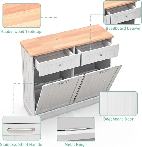 Miniatura 5 de TOLEAD - Armario de basura extraíble, isla de cocina estilo antiguo con tablero de perlas, superficie de madera maciza y cajón, contenedor de basura