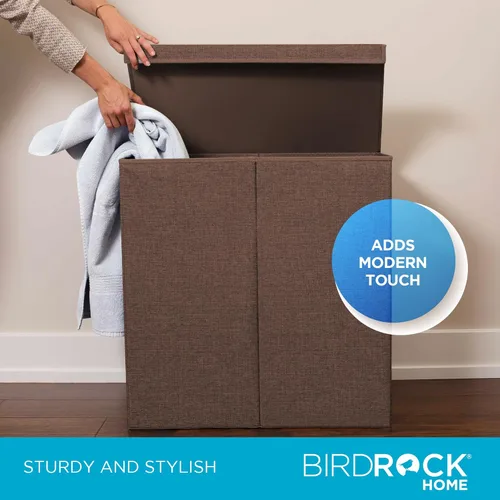 Miniatura 4 de BIRDROCK HOME Cesta de lavandería con tapa, bolsas extraíbles para clasificar ropa, cesta de lavandería seccionada para dormitorio y baño, Marrón