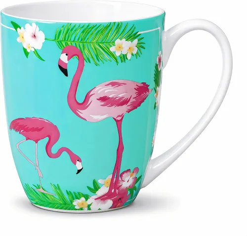 Taza de porcelana de hueso flamenco de 12.5 oz con plantas tropicales | Porcelana de hueso ligera, ideal para los amantes del flamenco, taza de café