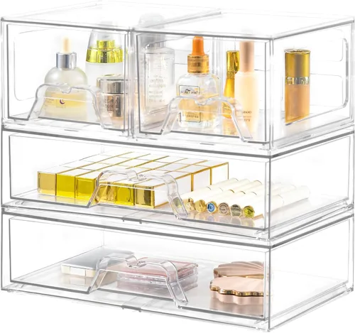 Stebopum Paquete de 4 Cajones de Almacenamiento Apilables Organizador de Acrílico Transparente Organizador de Maquillaje de Baño y Almacenamiento