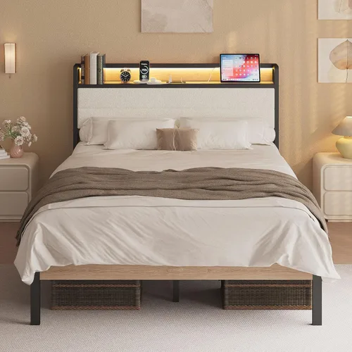 Miniatura 12 de LIKIMIO Base de cama individual con cabecera de almacenamiento y luces LED, plataforma de metal con estación de carga, sin ruido, no necesita
