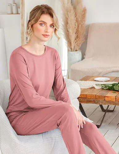 Miniatura 32 de Ekouaer Conjunto de pijama de manga larga para mujer, ropa de dormir suave con cuello redondo y bolsillos