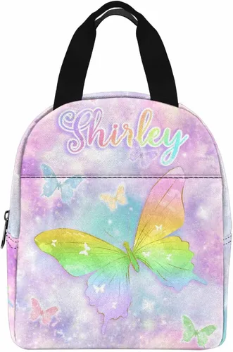 Miniatura 10 de InterestPrint Bolsa de almuerzo con nombre personalizado para hombres y mujeres, diseño de mariposa rosa y azul personalizada, caja de almuerzo