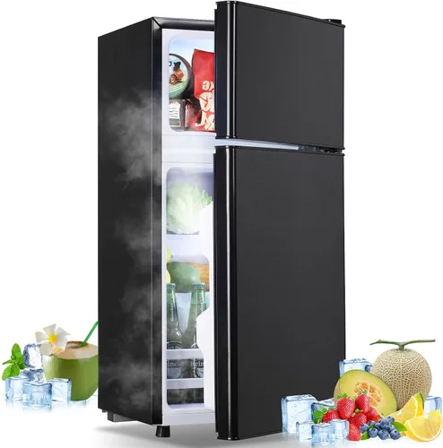 Mini refrigerador con congelador, refrigerador pequeño de doble puerta, refrigerador de dormitorio para soltero, con estantes extraíbles para Negro