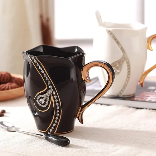 Miniatura 6 de Taza de café con diamantes de imitación, taza de agua de 14 onzas para oficina y hogar, taza de café única, bonitas tazas de café de cerámica