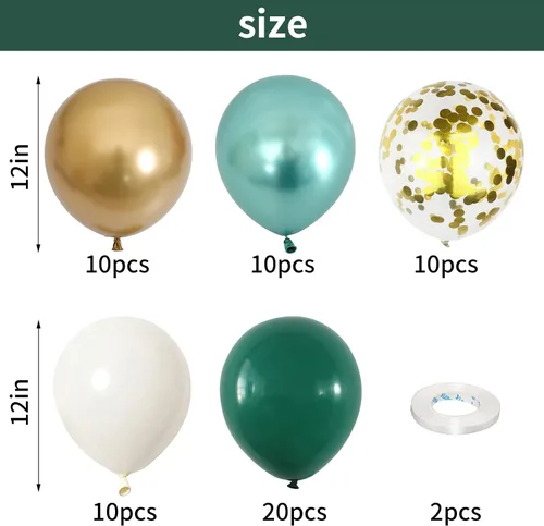 Miniatura 2 de Globos de látex verde metálico dorado, paquete de 60 globos de látex de 12 pulgadas de color verde oscuro, blanco y dorado con cintas para bodas
