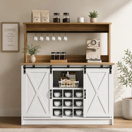 Miniatura 12 de 4ever2buy - Gabinete de café-bar de granja con aparador, gabinete de buffet de 31 pulgadas con puerta corrediza de granero, gabinete de barra