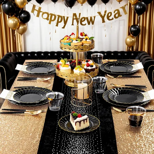 Miniatura 8 de Ciaell 175 platos de plástico festoneado negro con ribete dorado, cubiertos de plástico negro con asa, juegos de vajilla de alta gama para bodas