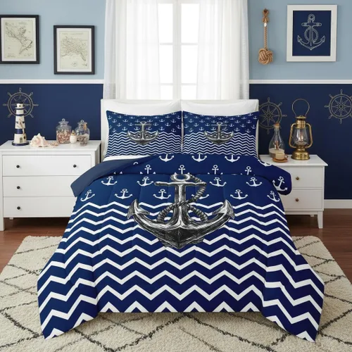 Miniatura 33 de Juego de edredón Lake House tamaño Twin, juego de ropa de cama náutica de navegación con ancla de 2 piezas para decoración de habitación de niños