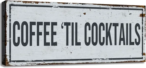 Funny Coffee Signs for Kitchen Decor, Rustic Coffee Til Cocktails Canvas Wall Art for Home Bar Cart Station, 6x17" Framed