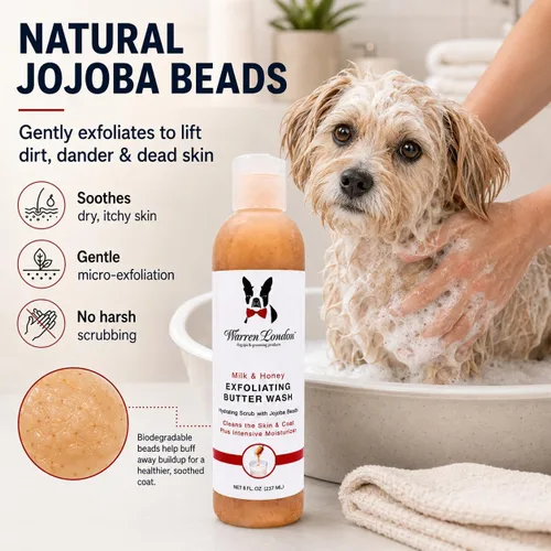Miniatura 3 de Warren London Champú exfoliante para perros con mantequilla – leche y miel, 8 onzas Champú limpiador, acondicionador y exfoliante con cuentas