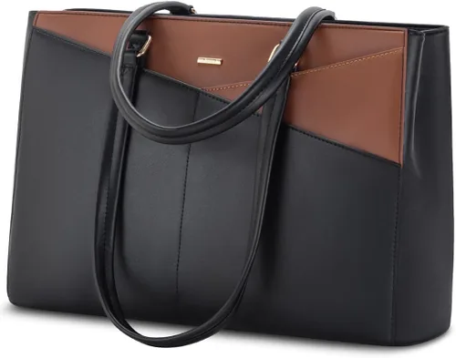 Miniatura 16 de LOVEVOOK Bolsa de mano para computadora portátil para mujer, bolsas de trabajo de cuero de 15.6 pulgadas con soporte grande para tazas para Negro
