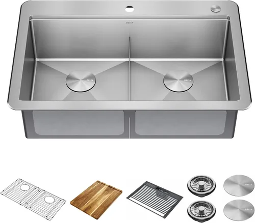 Miniatura 9 de DELTA FAUCET 95B932-32S-SS Lorelai - Lavaplatos Lorelai para estación de trabajo, montaje bajo encimera, de acero inoxidable, tarja individual