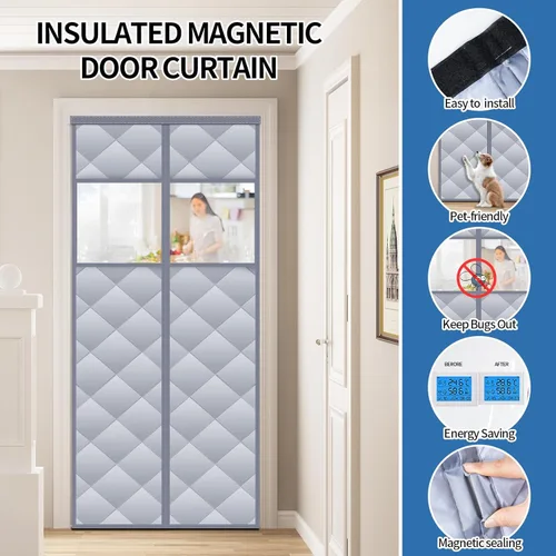 Miniatura 4 de Cortina de puerta magnética con aislamiento térmico con ventanas visibles desmontables, relleno de fibra de poliéster grueso y tela Oxford duradera