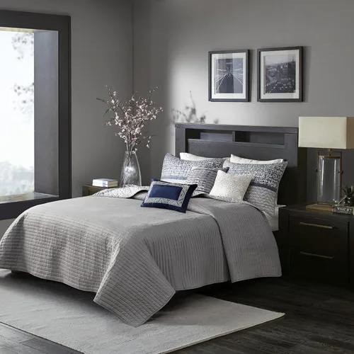 Miniatura 14 de Madison Park Juego de edredón Queen de jacquard lustroso y purpurina, conjunto de cubrecama para cama tamaño Queen – para todas las estaciones