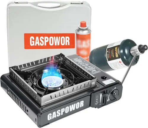 Estufa de camping portátil de combustible dual | Propane or Butane, 10,000 BTU, Automatic Ignition, Carrying Case & Windblocker, Emergency