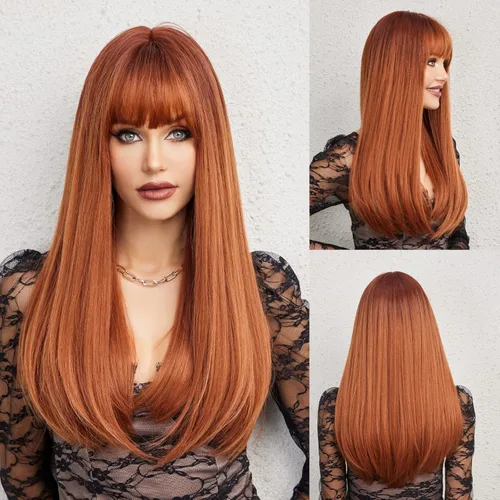 HAIRCUBE Peluca Auburn con Flequillo Cabello Largo con Flequillo Cabello Rojo Apariencia Natural Resistente al Calor Peluca Sintética Juego Diario