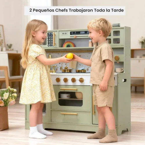 Miniatura 2 de Juego de cocina de madera para niños – Cocina de simulación realista con estufa, fregadero, cafetera, máquina de hielo y 15 accesorios divertidos