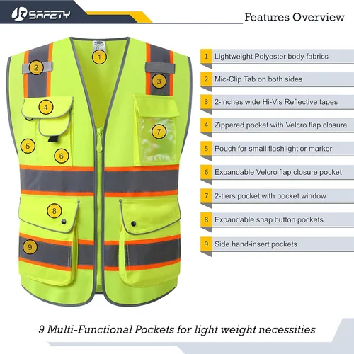 Miniatura 3 de JKSafety Chaleco de seguridad con cremallera frontal de 9 bolsillos de color amarillo neón de alta visibilidad con borde extendido naranja 2-Tiras
